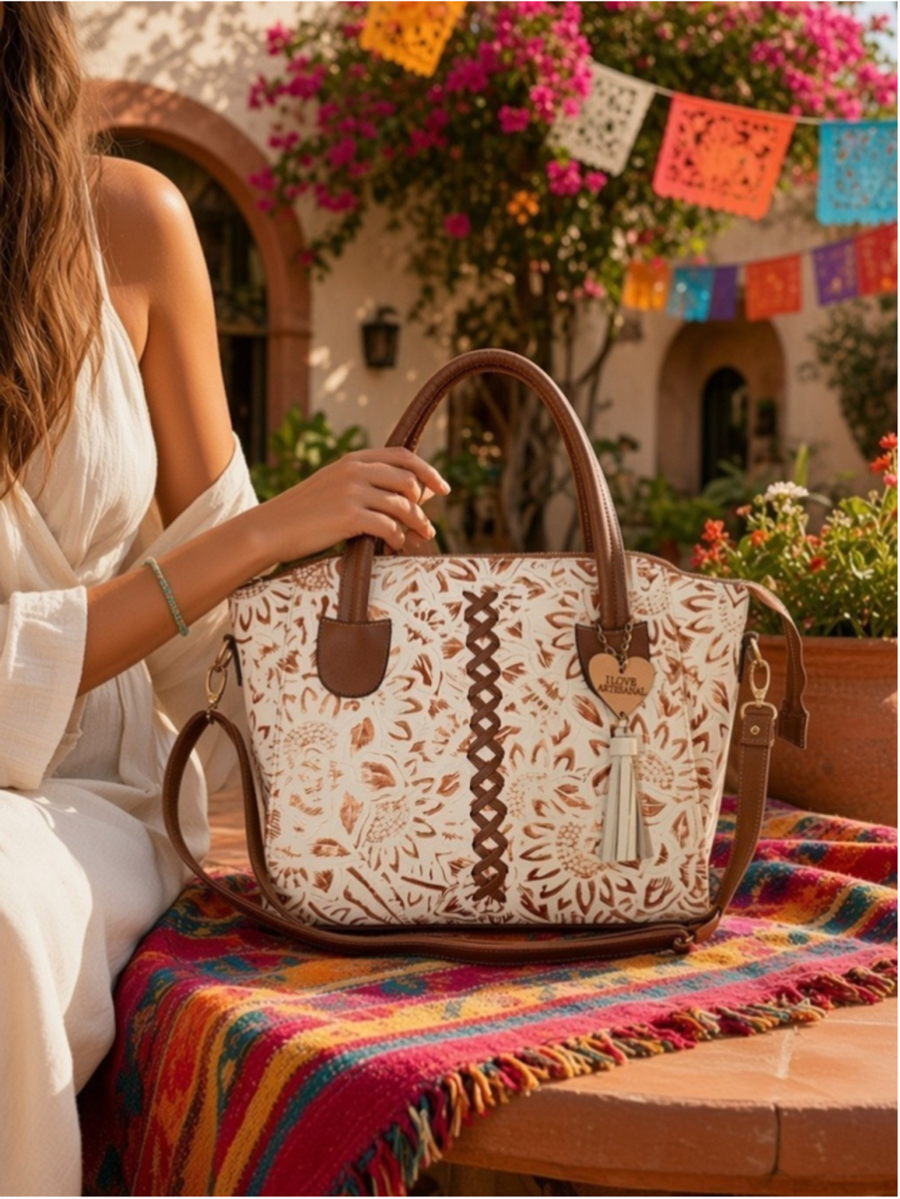 White Antique Gold Brown Sunflower Embossed LEATHER Artisan Handbag Purse